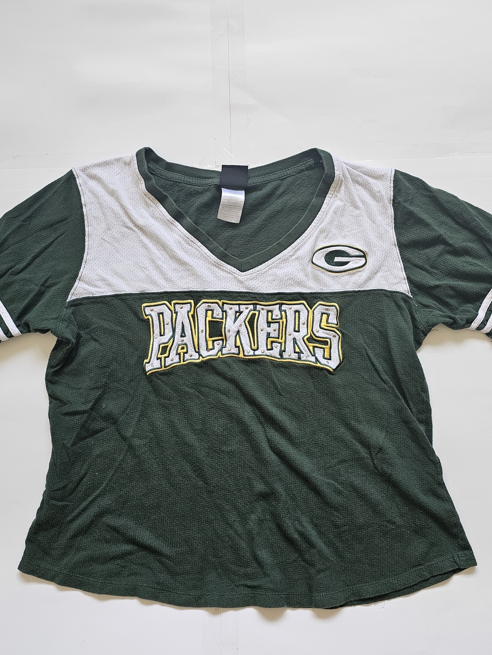 NFL Green Bay Packers Women's Green and White Short Sleeve V-Neck Tee Sz. XL
